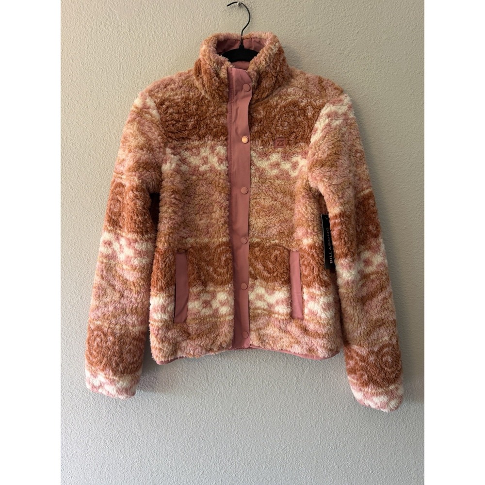 NWT Billabong Teddy Fleece Jacket Womens M Pink Aztec Snap Zip Sherpa Coat